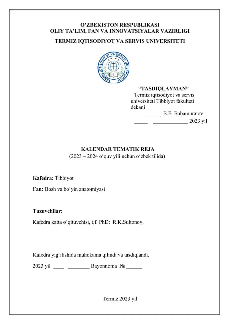 Kalendar tematik reja "Bosh va bo‘yin anatomiyasi" 1