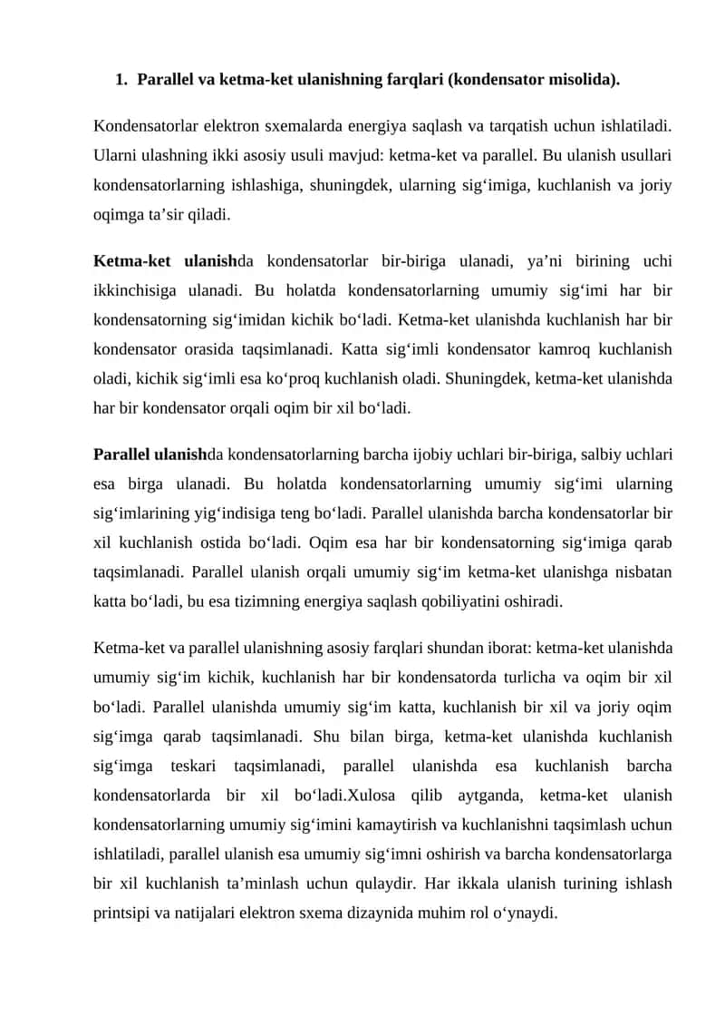 Ketma-ket va parallel ulanishning farqlari 1