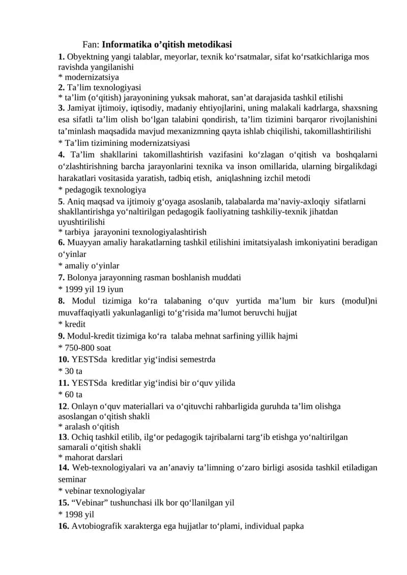 Fan: Informatika o’qitish metodikasi 1