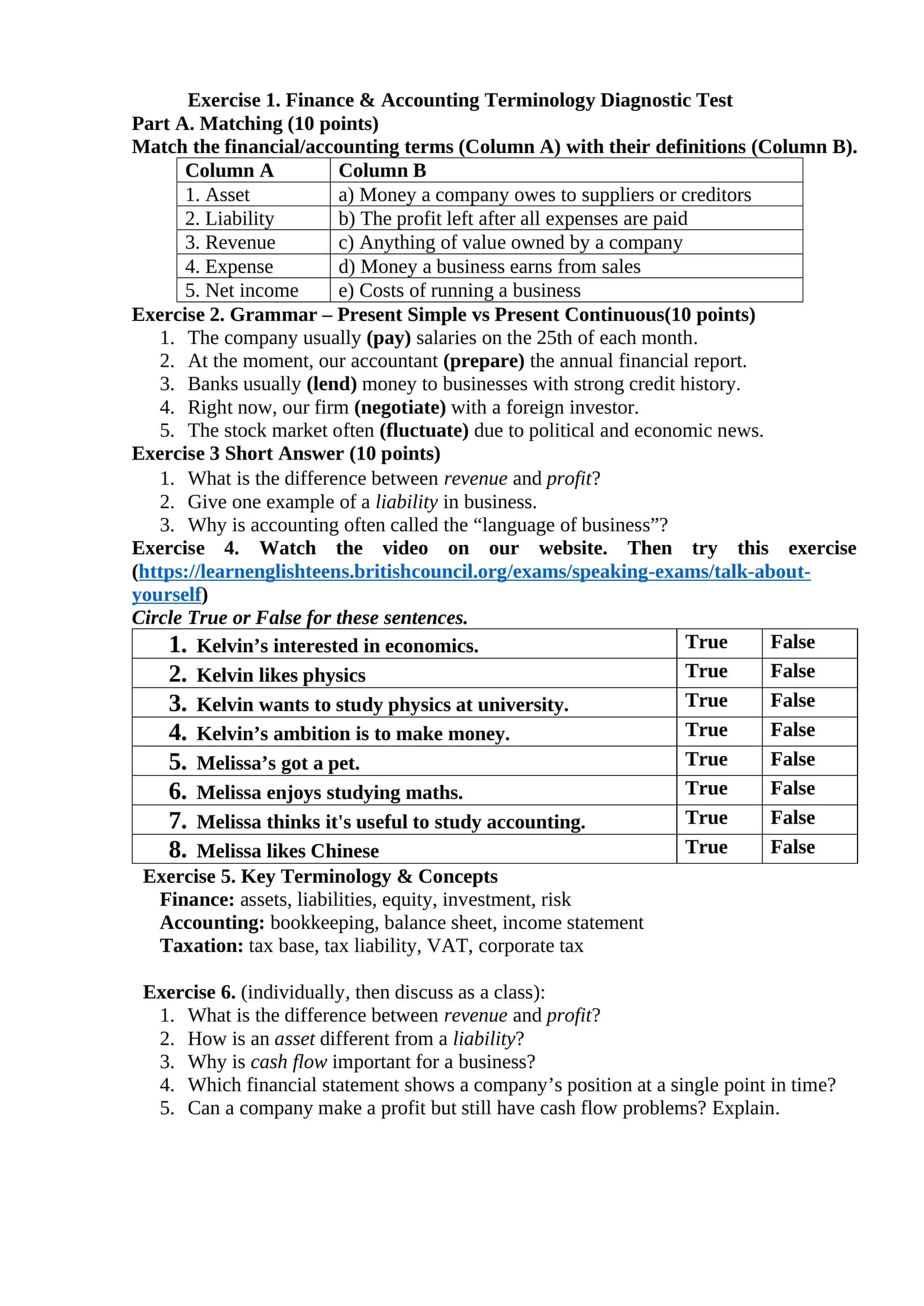 Finance & Accounting Terminology Diagnostic Test 1