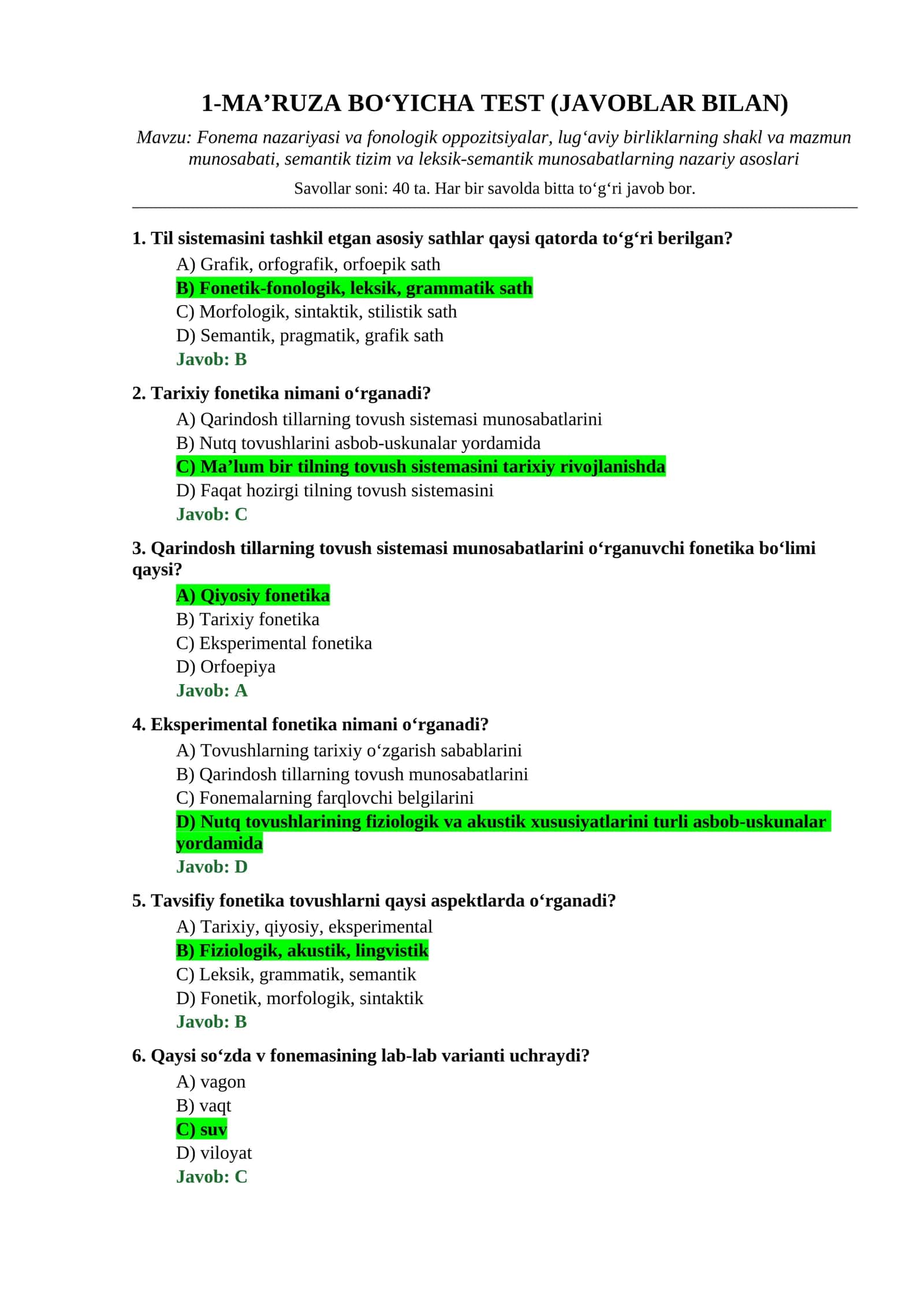 MA’RUZA BO‘YICHA TEST (JAVOBLAR BILAN) 1