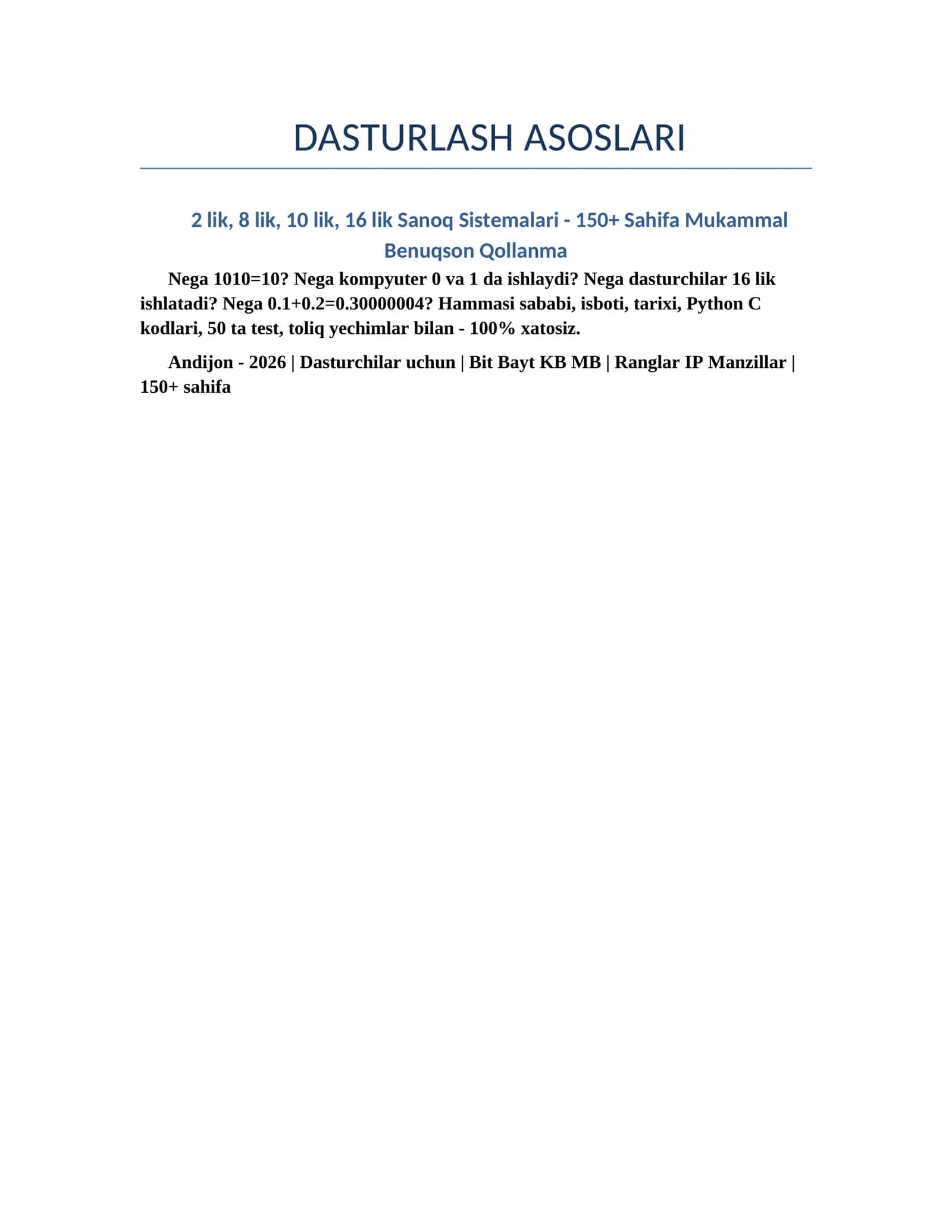 DASTURLASH ASOSLARI , Sanoq Sistemalari 1