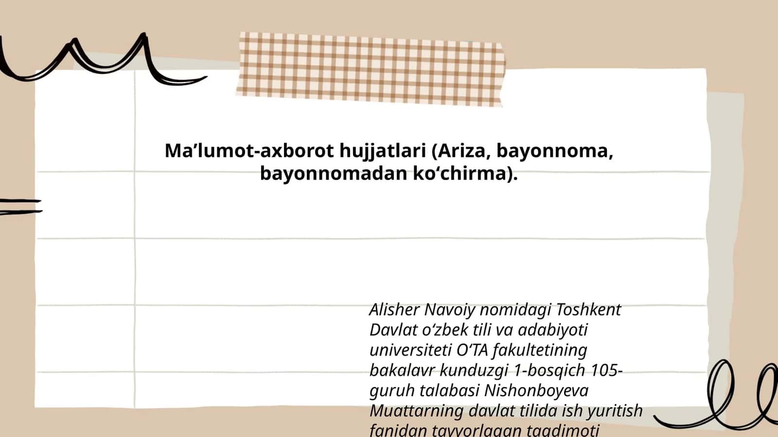 Nishonboyeva Muattarning davlat tilida ish yuritish fanidan tayyorlagan taqdimoti 1