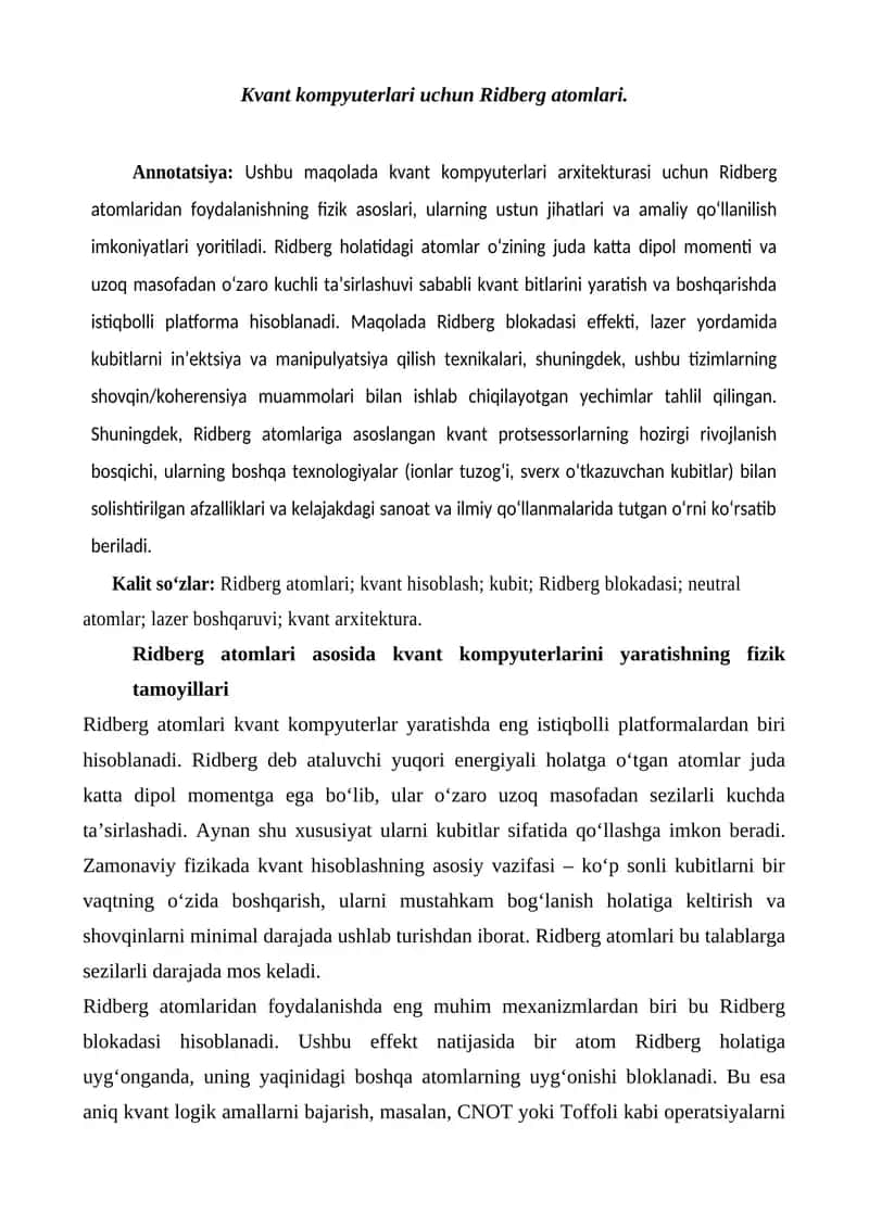 Kvant kompyuterlari uchun Ridberg atomlari 1