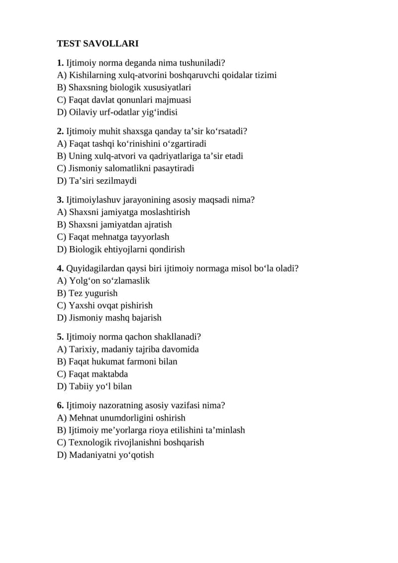 Ijtimoiylashuv Test savollari 1