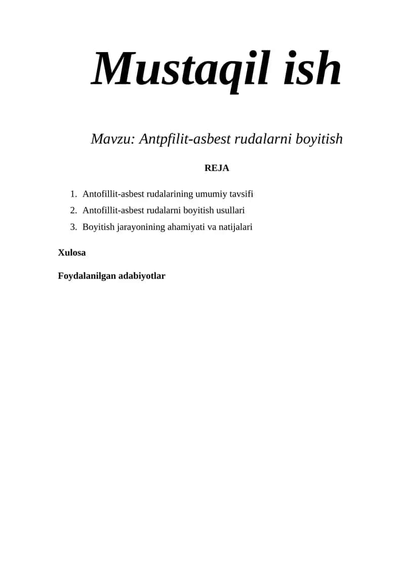 Antofillit-asbest rudalarini boyitish 1