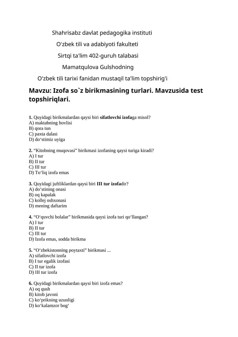 Izofa so`z birikmasining turlari 1