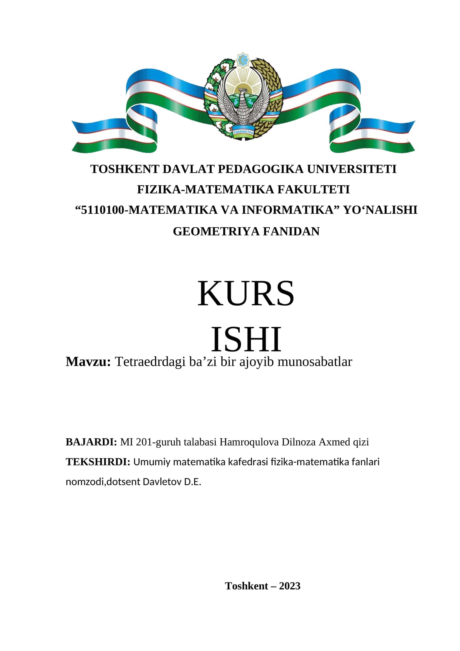 Tetraedrdagi ba’zi bir ajoyib munosabatlar 1