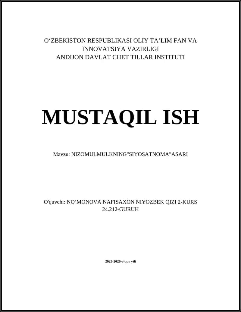 NIZOMULMULKNING"SIYOSATNOMA"ASARI 1