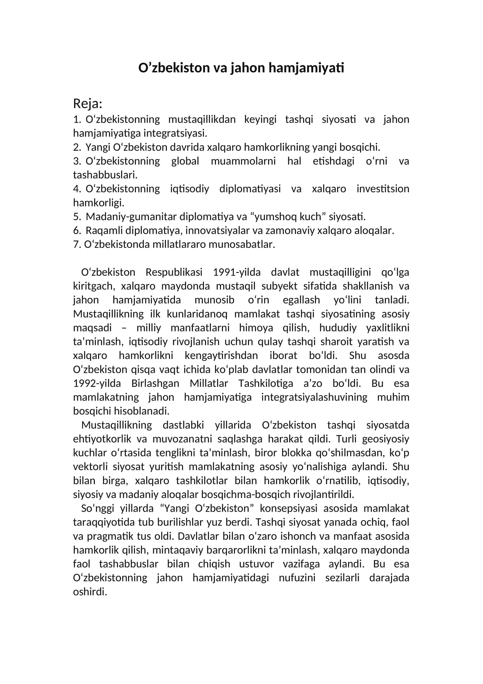 O‘zbekiston va jahon hamjamiyati 1
