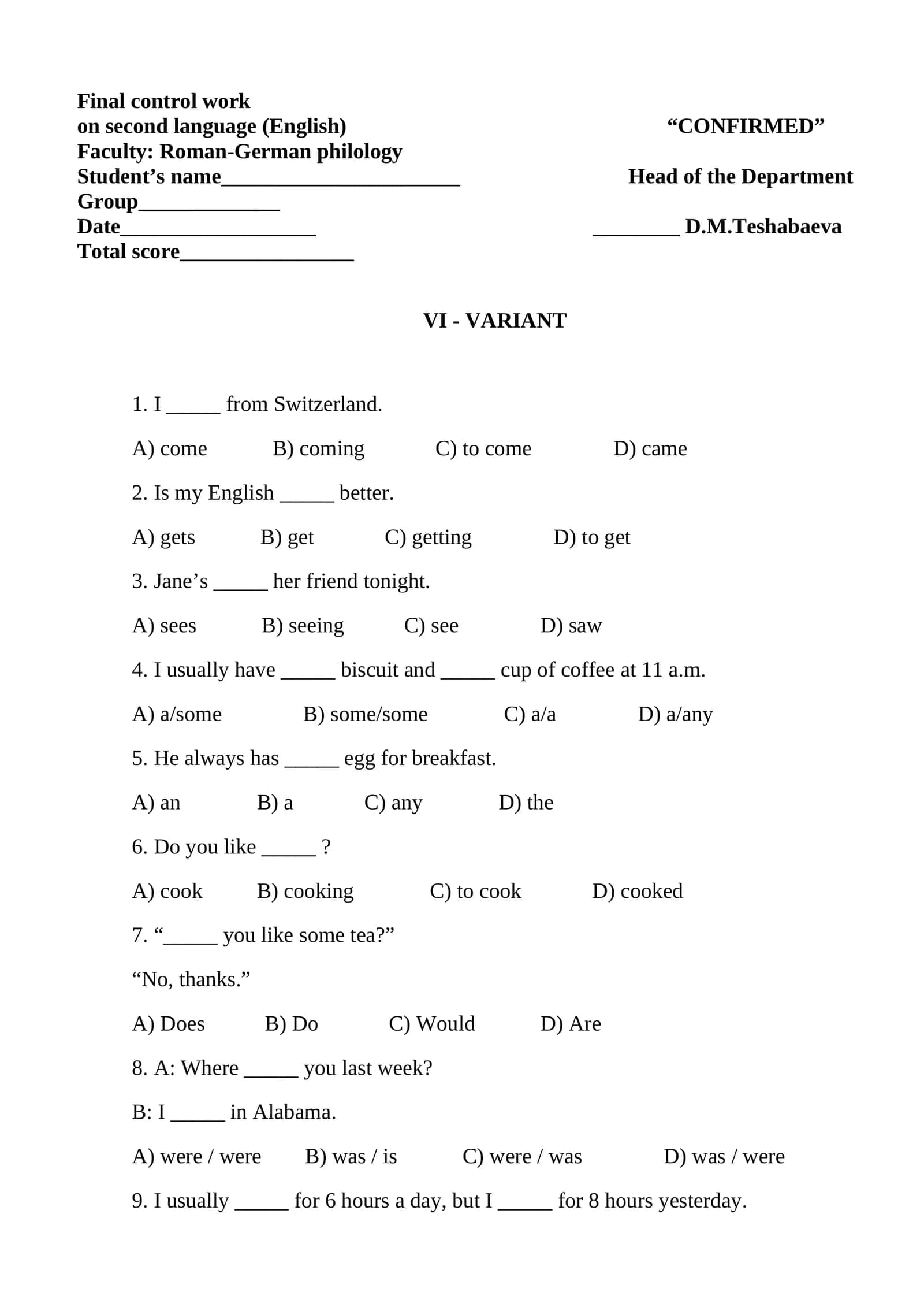 Final control work on second language (English) 1