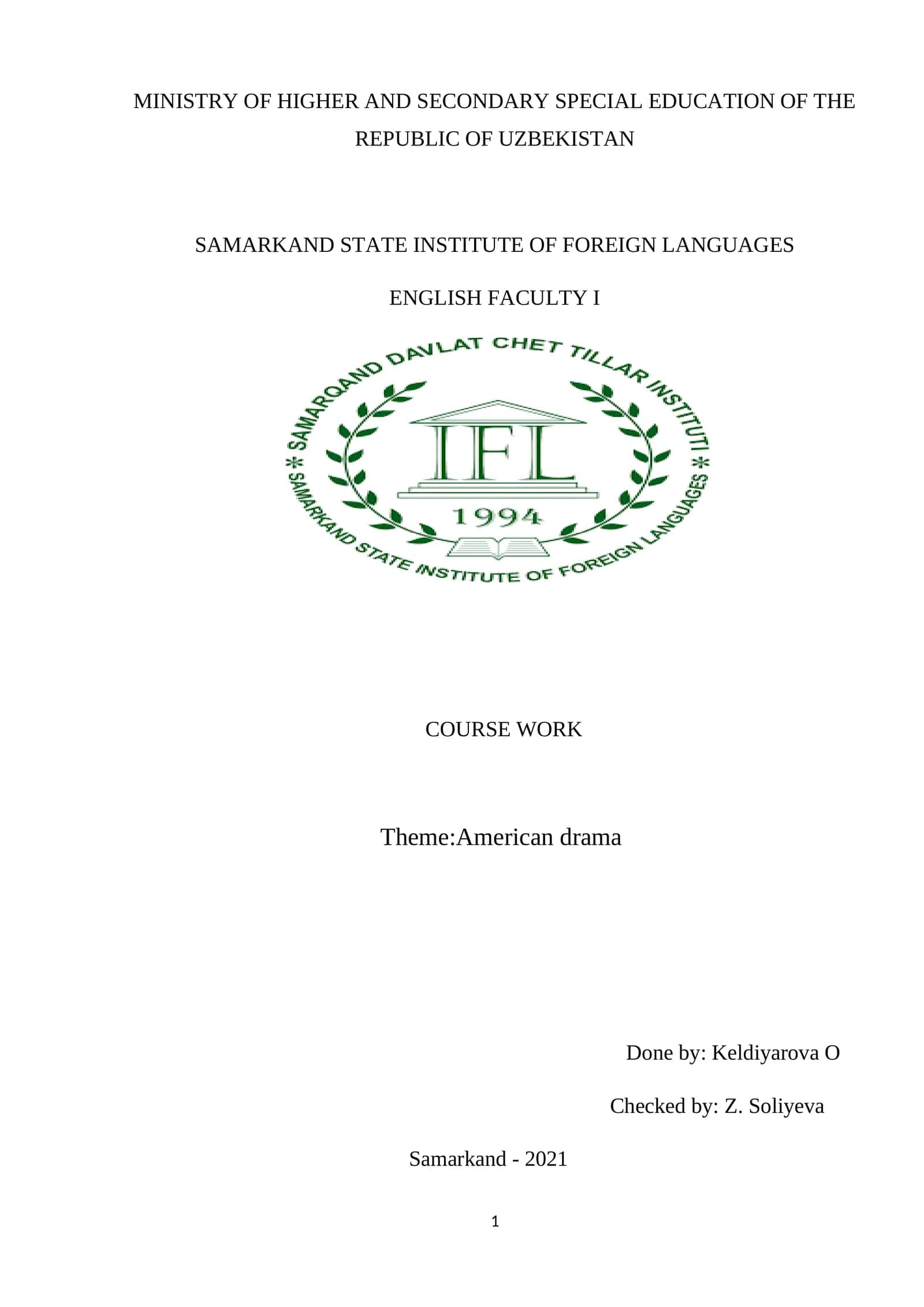 Samarkand State Institute of Foreign Languages English Faculty I Course Work 1