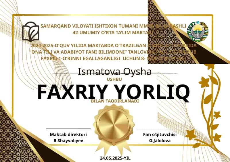 Faxriy yorliq, sertifikat premium dizayn 1