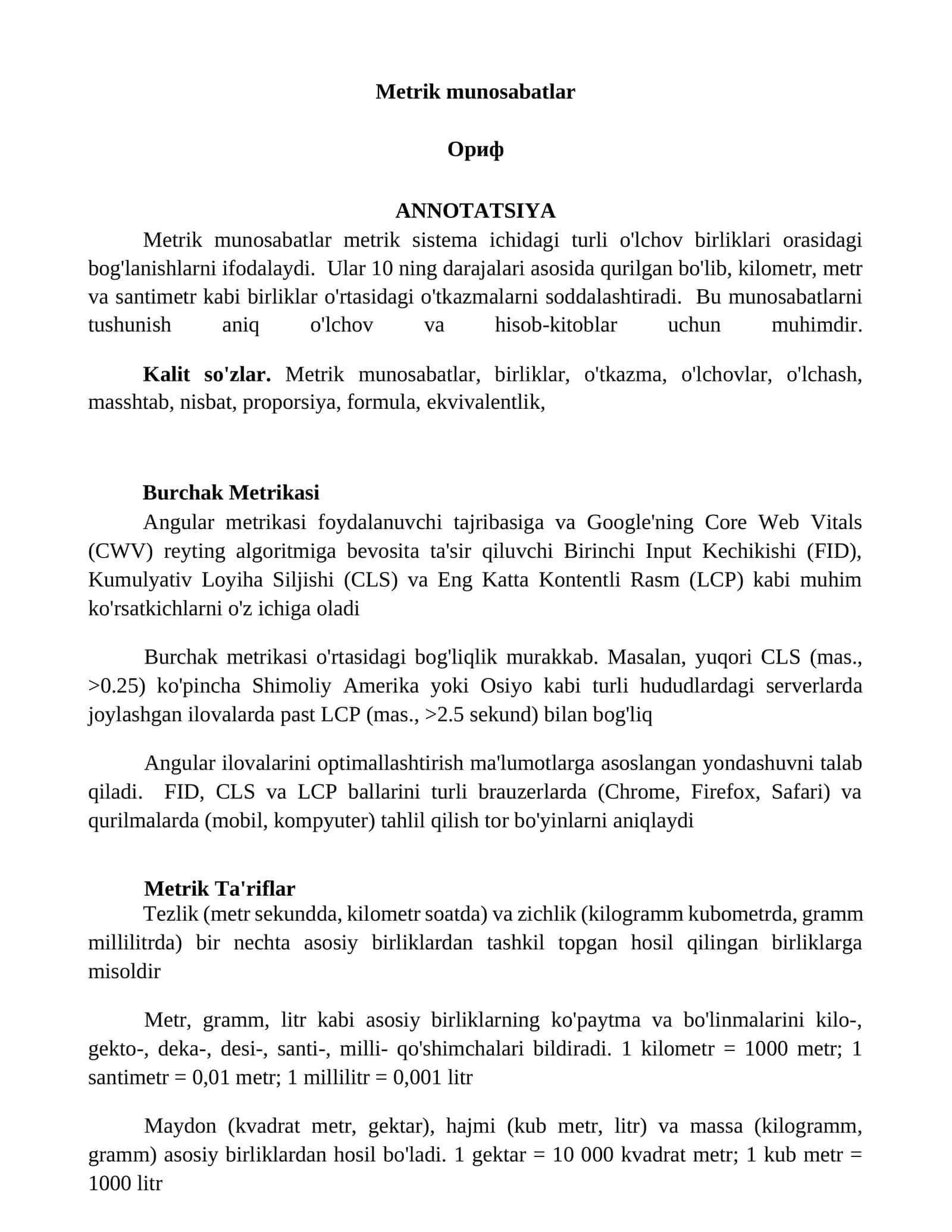 Metrik munosabatlar 1