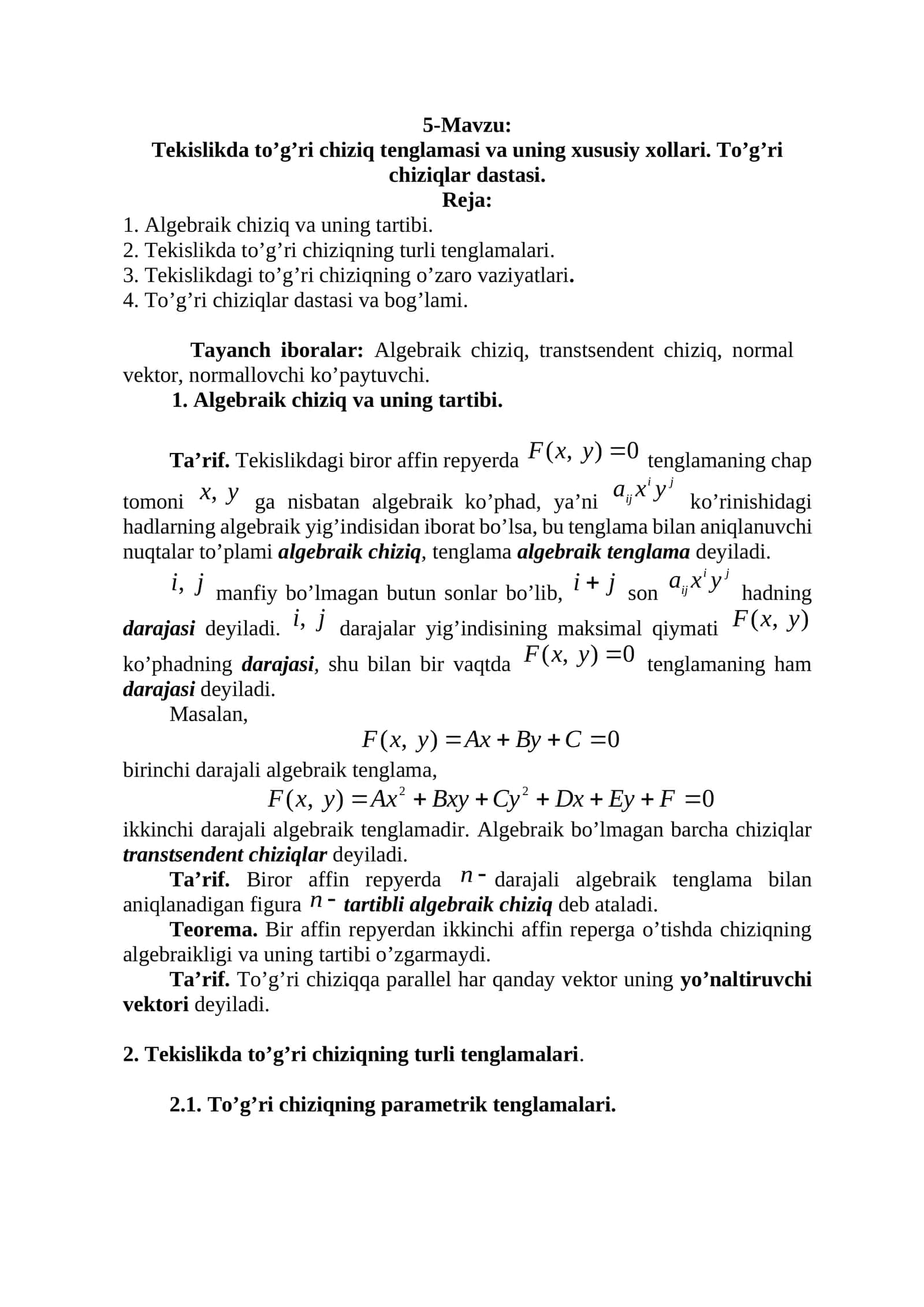 Tekislikda to’g’ri chiziq va uning xususiy xollari 1