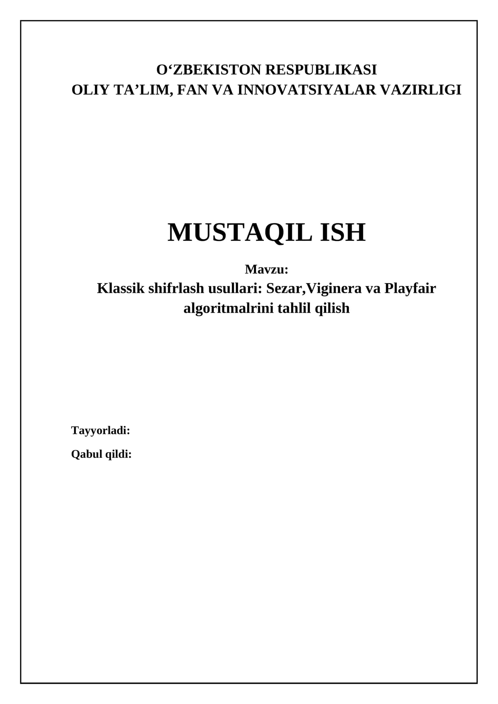Klassik shifrlash algoritmlariga kirish 1