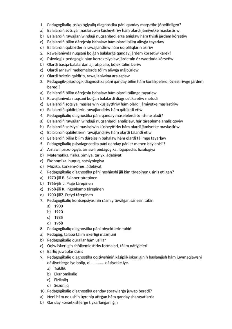 Pedagogikaliq-psixologiyaliq diagnostika testlar 1
