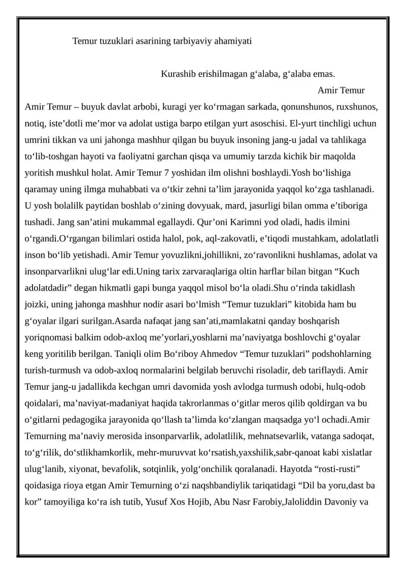 Temur tuzuklari asarining tarbiyaviy ahamiyati 1