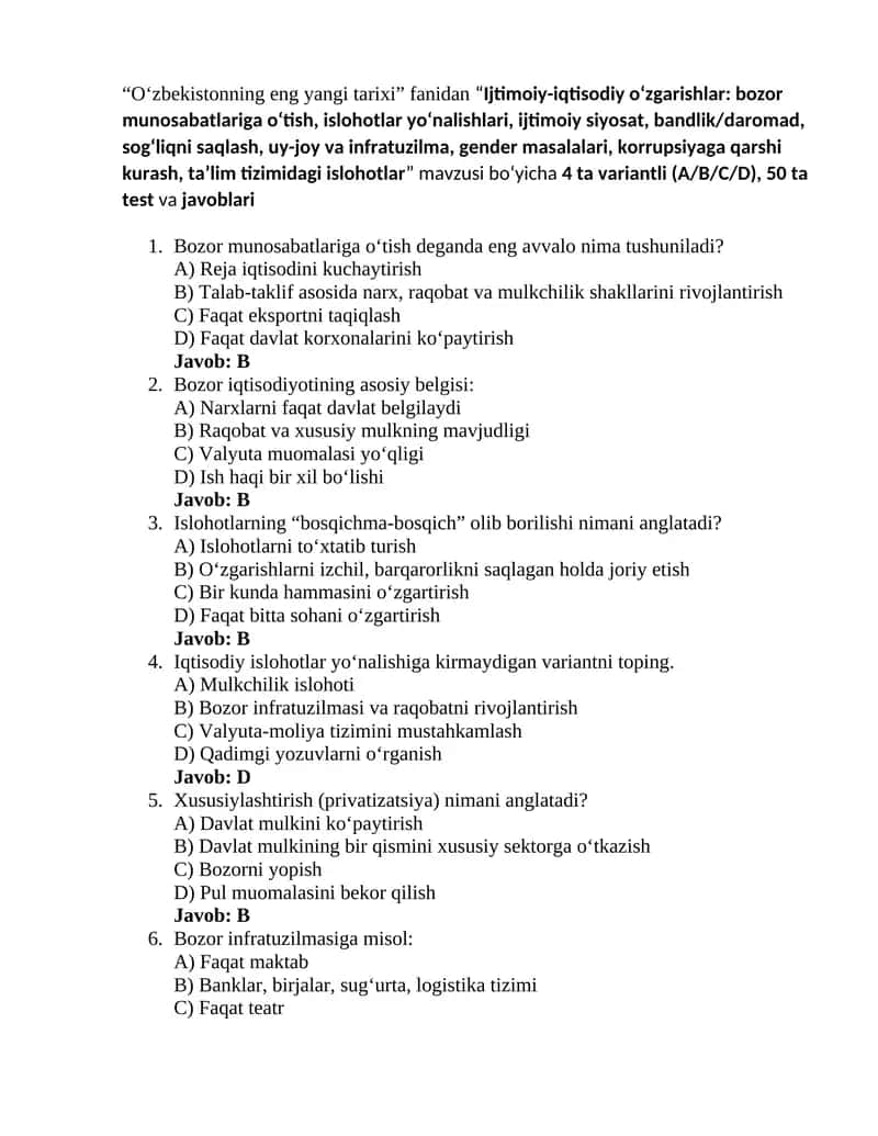 Oʻzbekistonning eng yangi tarixi 6-test 1