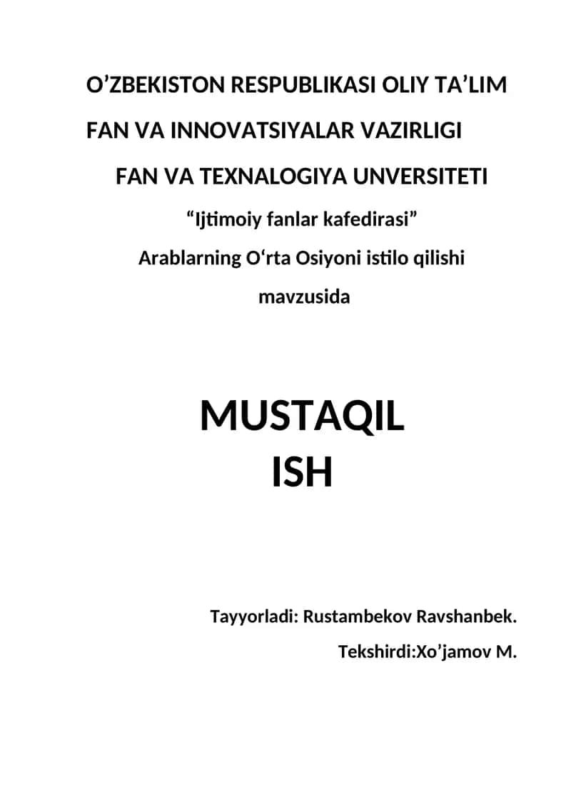 Arablarning O‘rta Osiyoni istilo qilishi  mavzusida 1