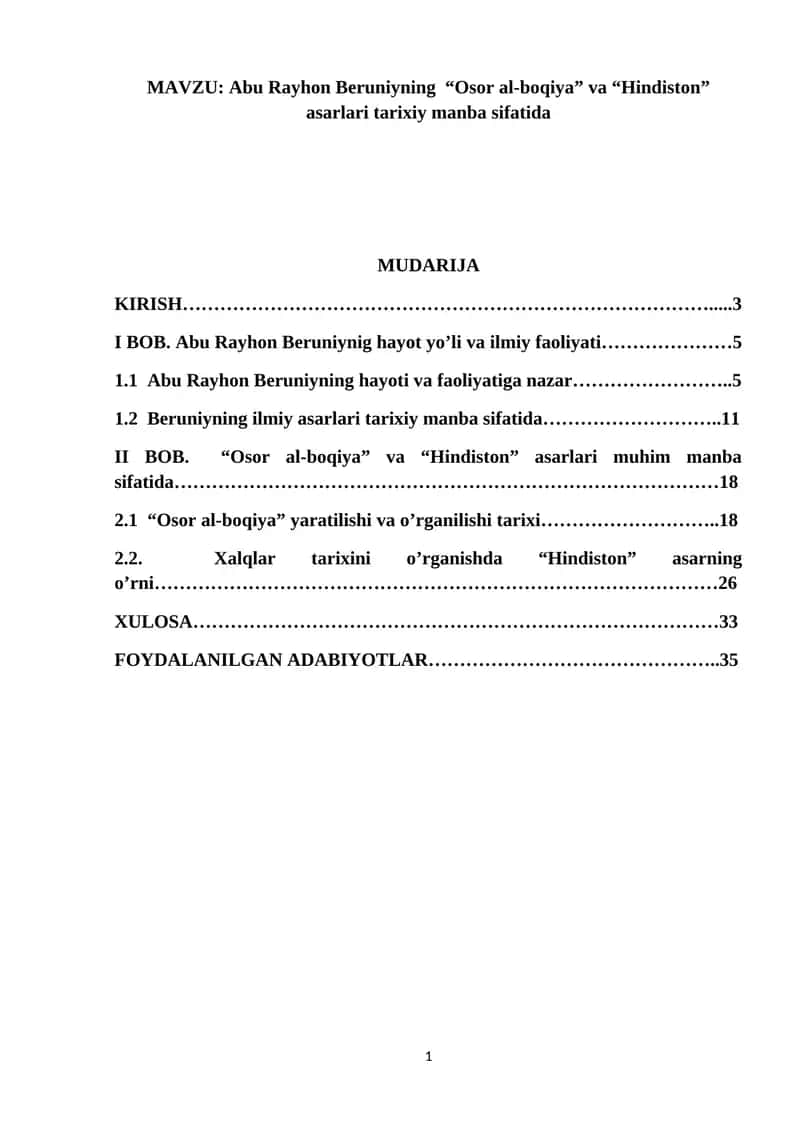 Abu Rayhon Beruniyning “Osor al-boqiya” va “Hindiston” asarlari tarixiy manba sifatida 1