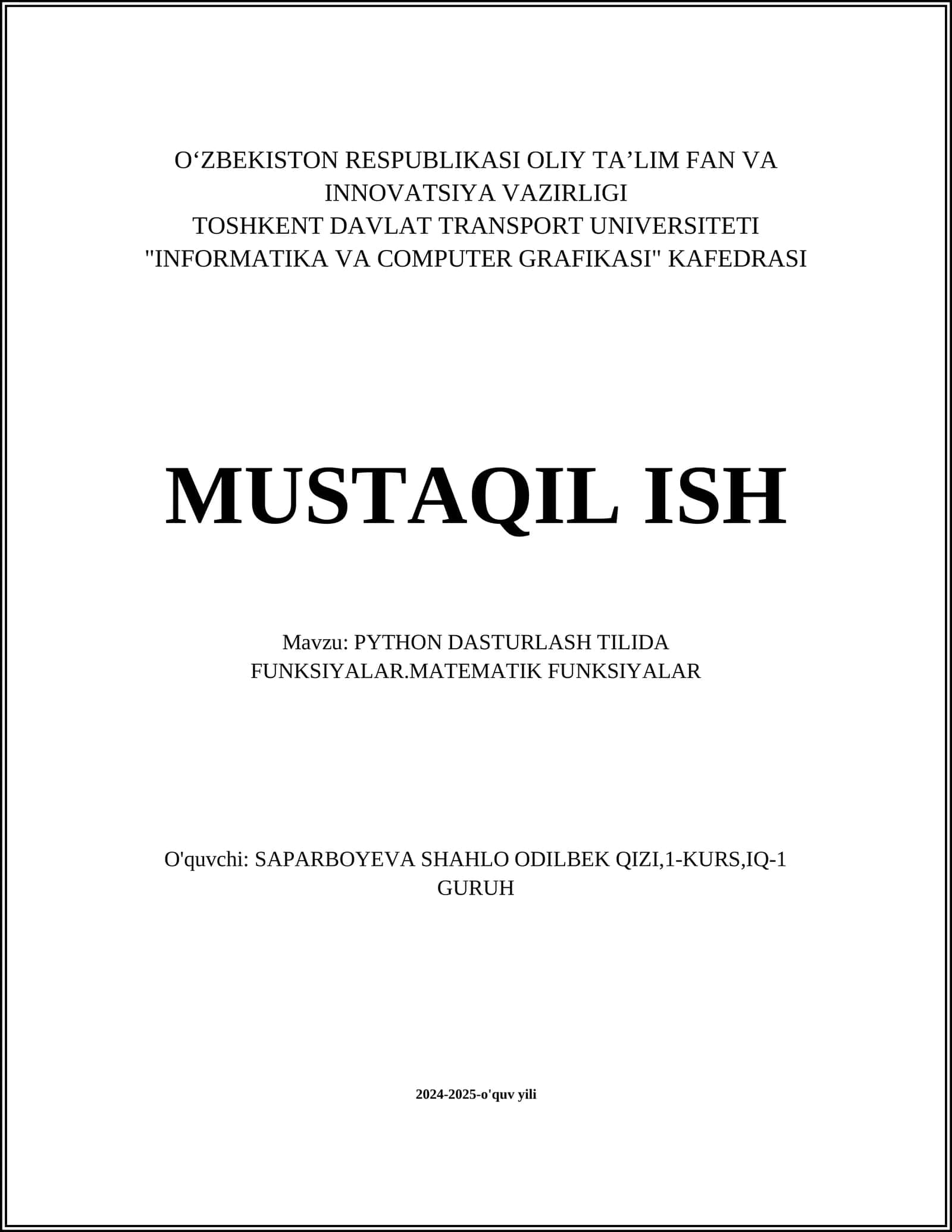 PYTHON DASTURLASH TILIDA FUNKSIYALAR.MATEMATIK FUNKSIYALAR 1
