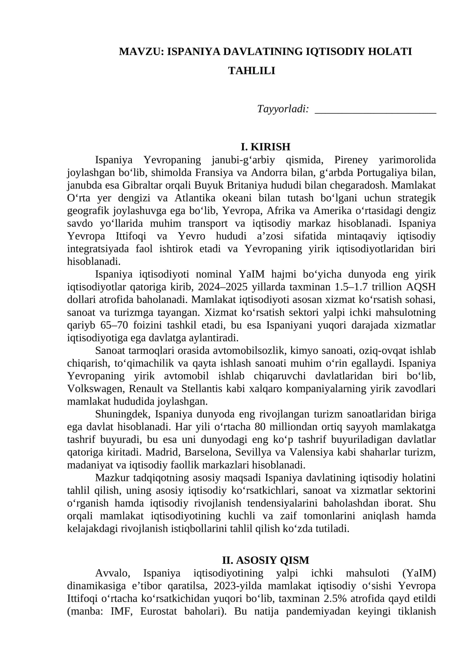 ISPANIYA DAVLATINING IQTISODIY HOLATI TAHLILI tezis 1
