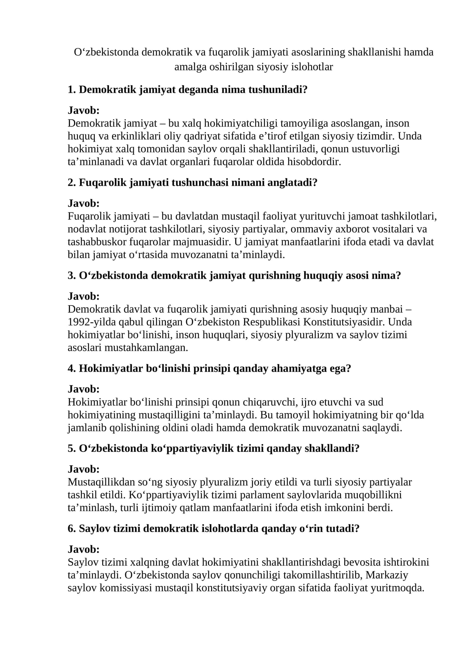 O‘zbekistonda demokratik va fuqarolik jamiyati asoslarining shakllanishi hamda amalga oshirilgan siyosiy islohotlar 1