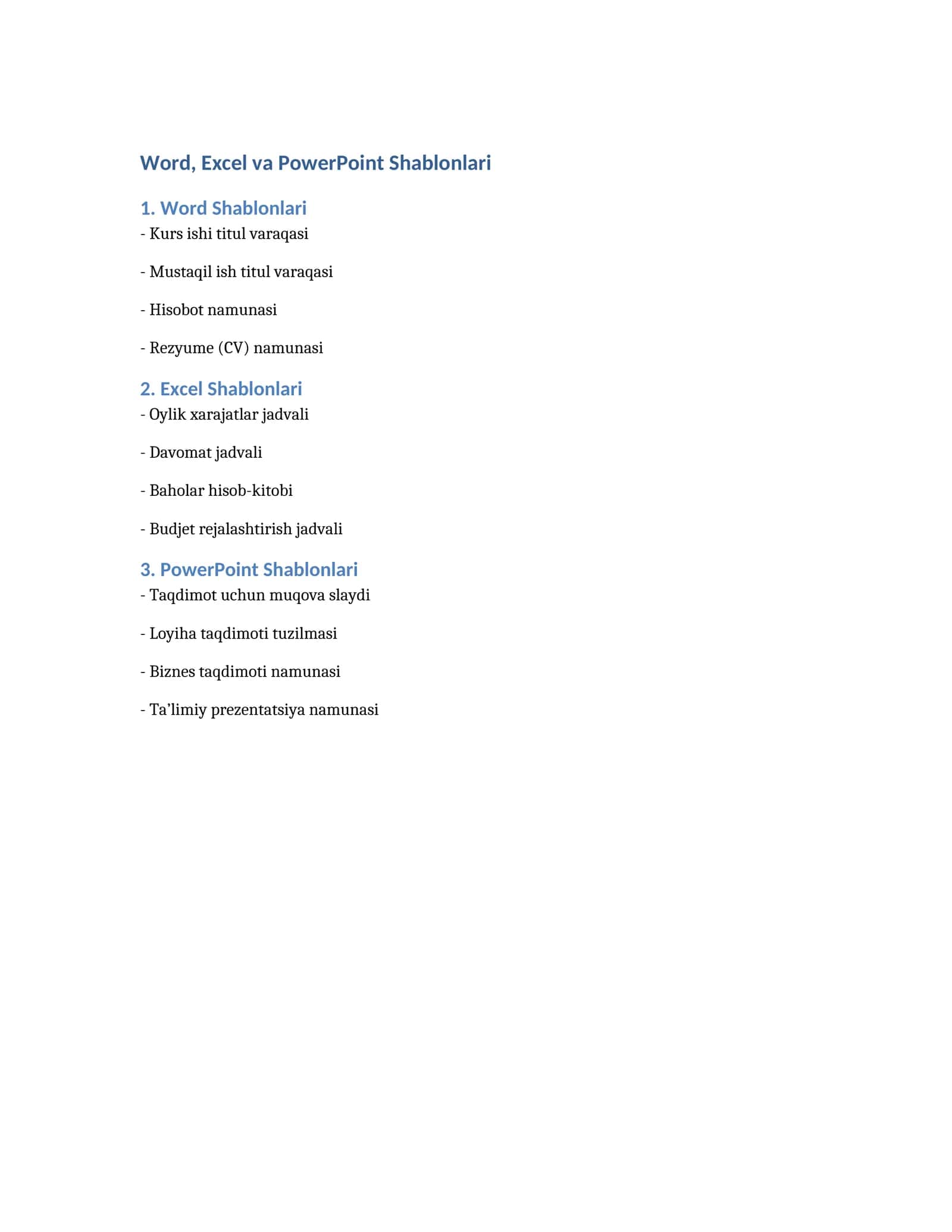 Word, Excel va PowerPoint Shablonlari 1