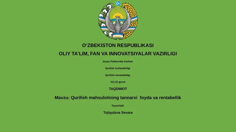Qurilish mahsulotining tannarxi foyda va rentabellik 1