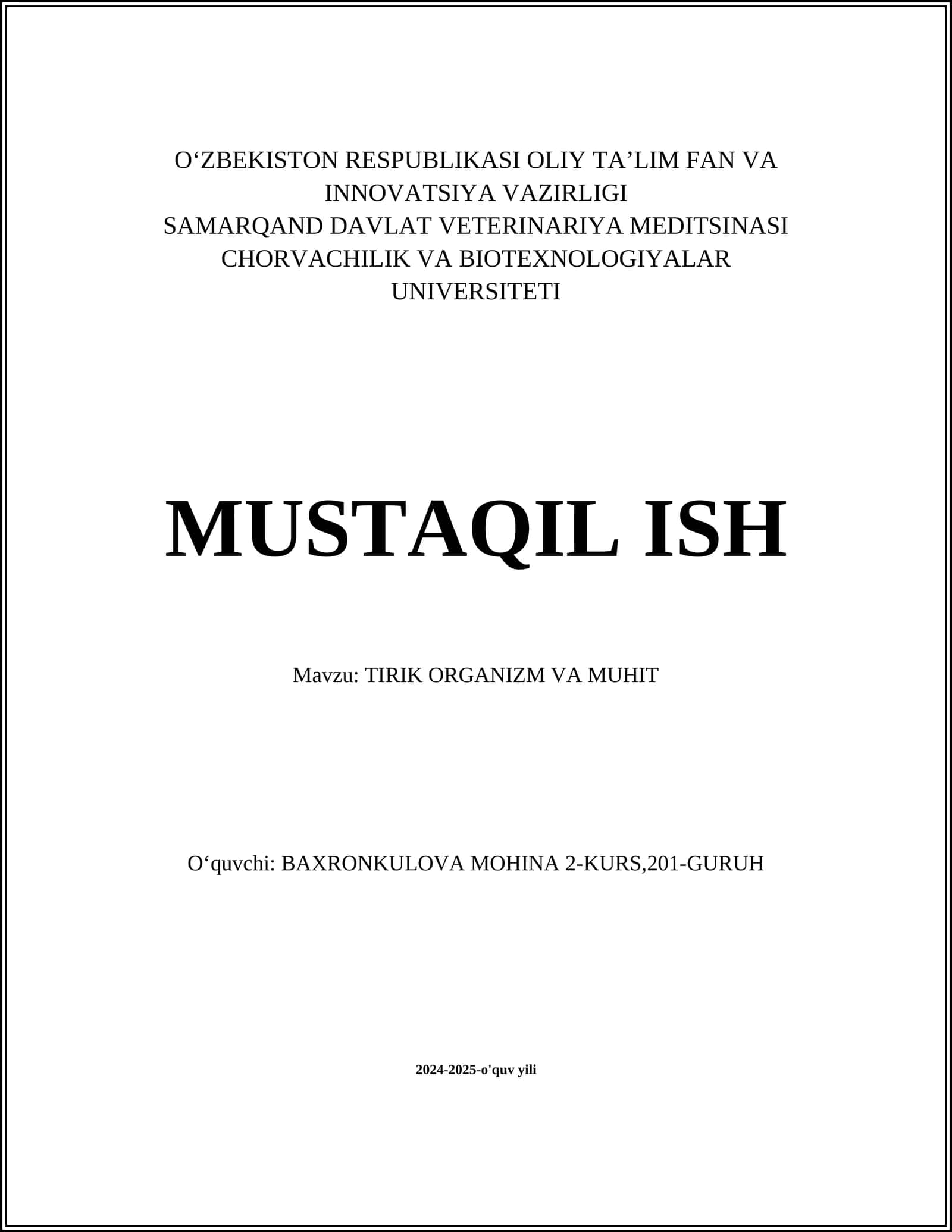 TIRIK ORGANIZM VA MUHIT 1
