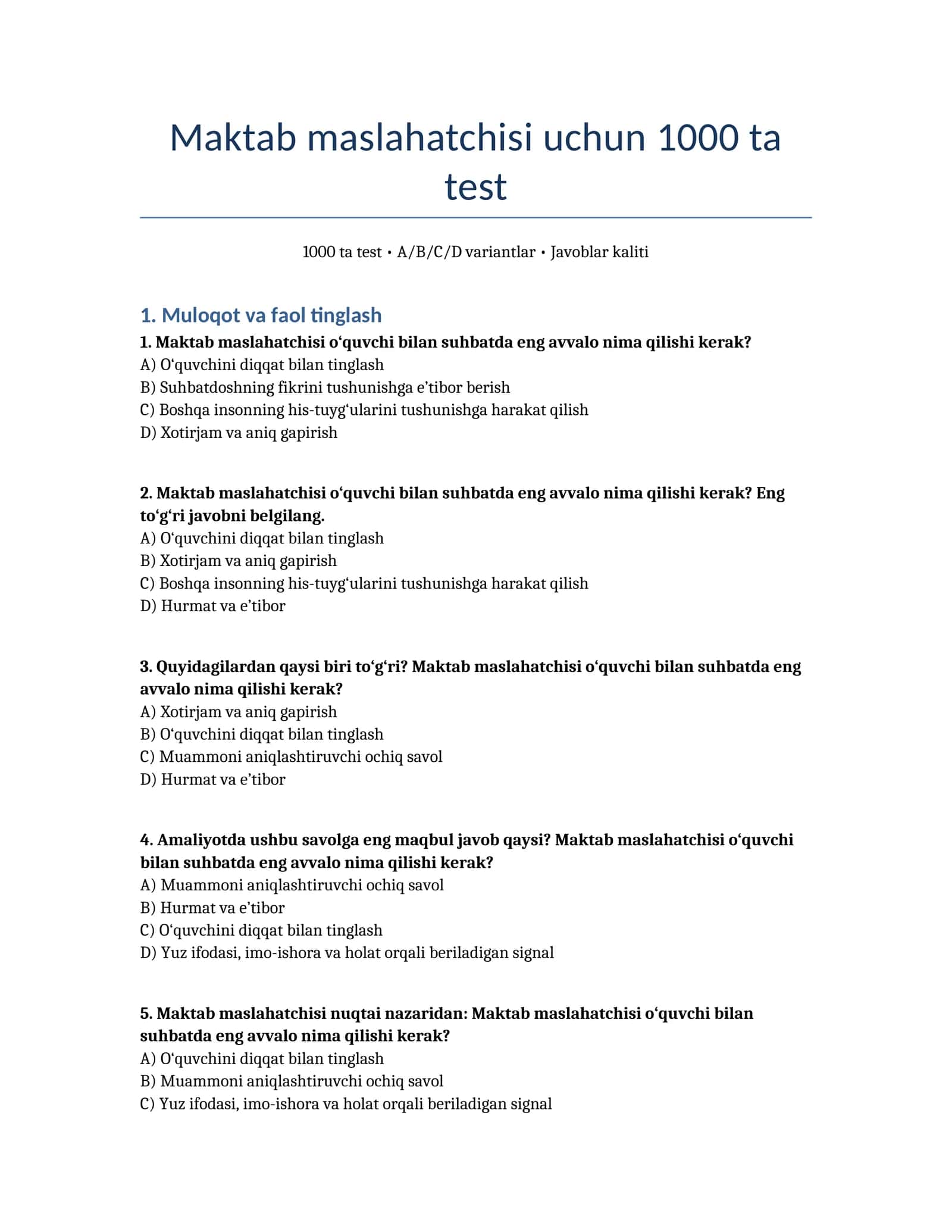 Maktab maslahatchisi uchun 1000 ta test 1