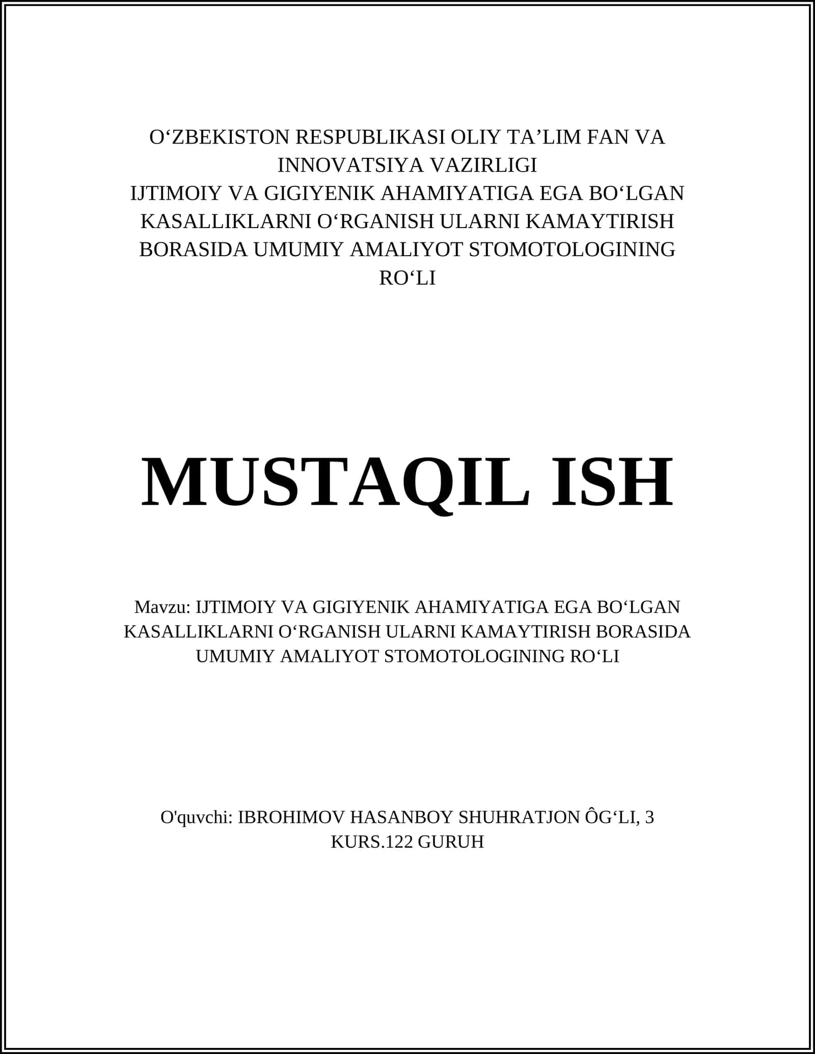 Umumiy amaliyot stomotologning gigiyenik kasalliklarni aniqlashdagi roli 1