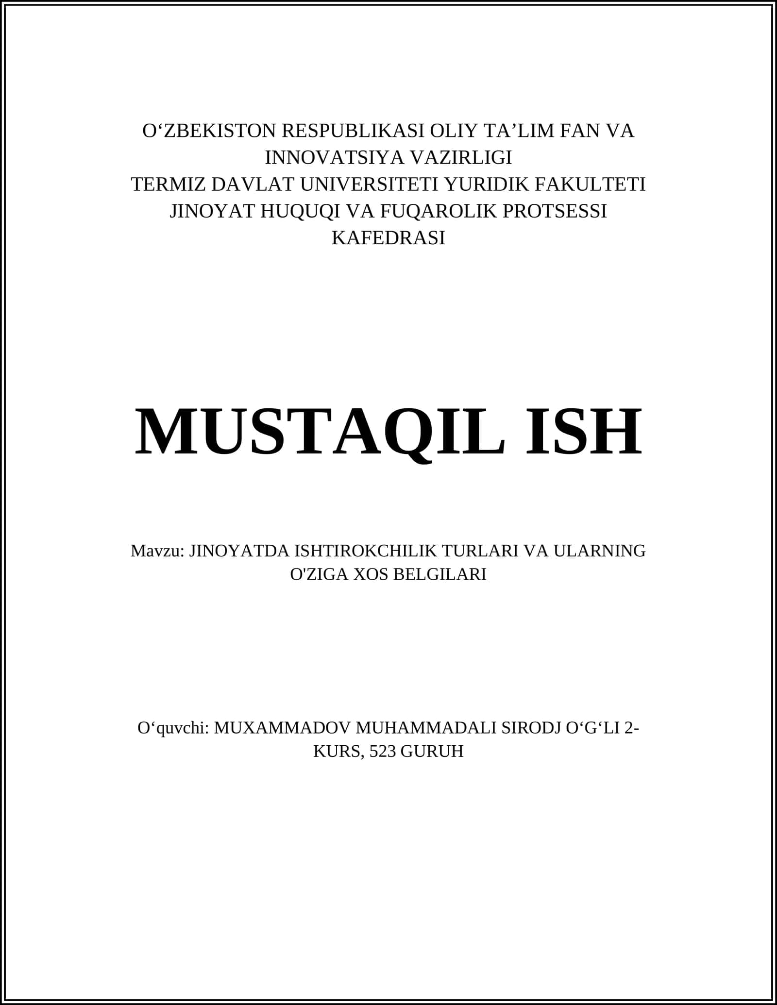 JINOYATDA ISHTIROKCHILIK TURLARI VA ULARNING O'ZIGA XOS BELGILARI 1