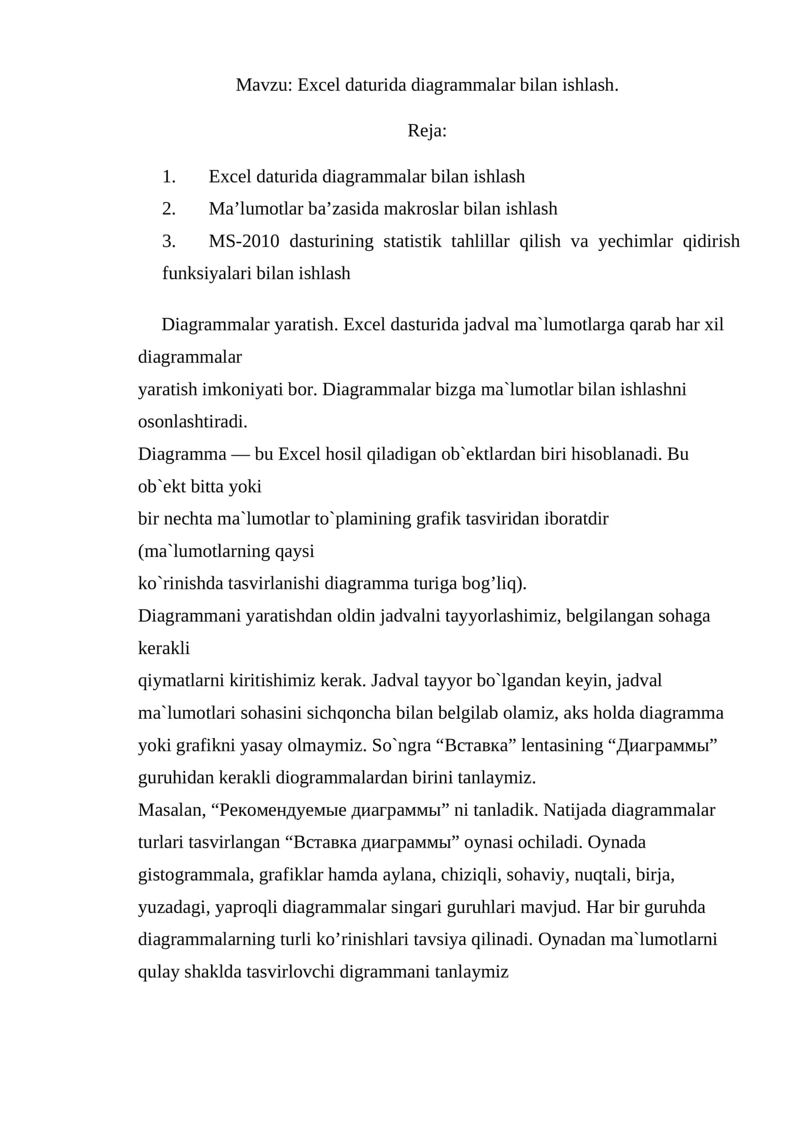 Excel daturida diagrammalar bilan ishlash 1