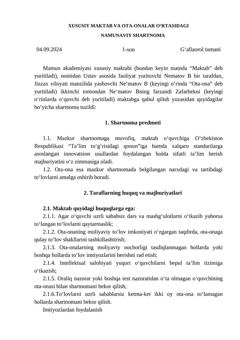 XUSUSIY MAKTAB VA OTA-ONALAR OʻRTASIDAGI NAMUNAVIY SHARTNOMA 1