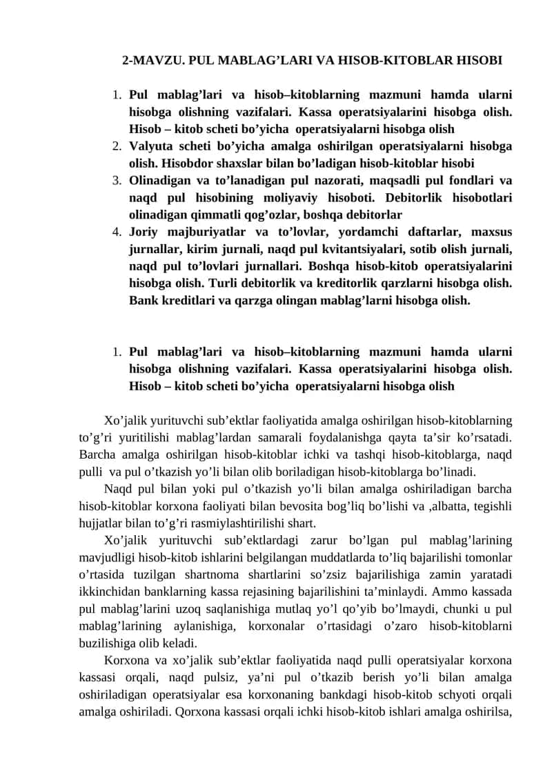 Pul Mablag'lari va Hisob-Kitoblar Hisobi 1