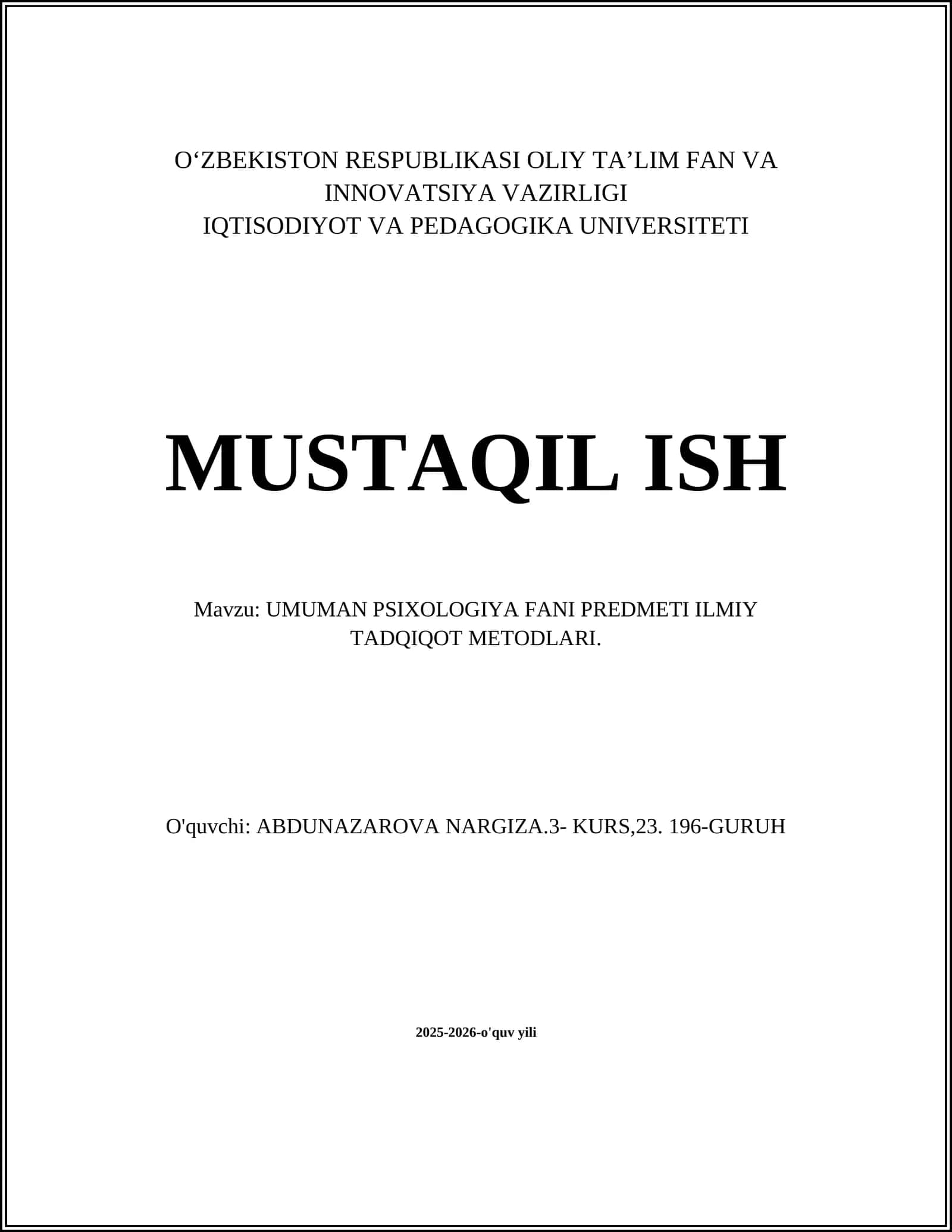 UMUMAN PSIXOLOGIYA FANI PREDMETI ILMIY TADQIQOT METODLARI 1