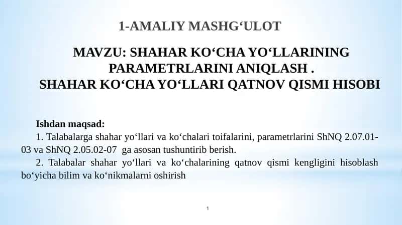 SHAHAR KO‘CHA YO‘LLARINING PARAMETRLARINI ANIQLASH 1