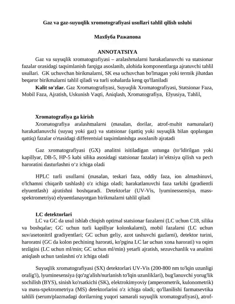 Gaz va gaz-suyuqlik xromotografiyasi usullari tahlil qilish uslubi