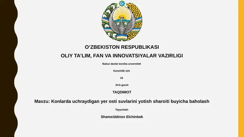 Konlarda uchraydigan yer osti suvlarini yotish sharoiti buyicha baholash 1