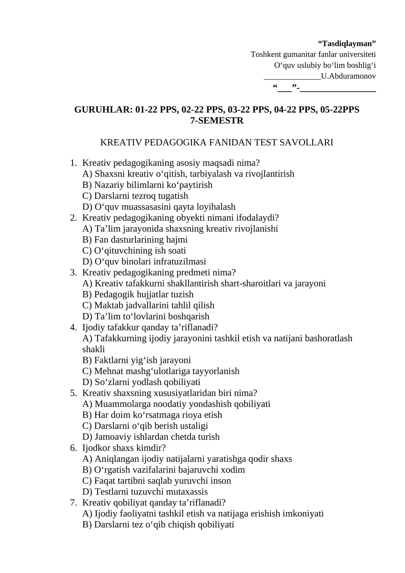 Kreativ pedagogika fanidan test savollari 1