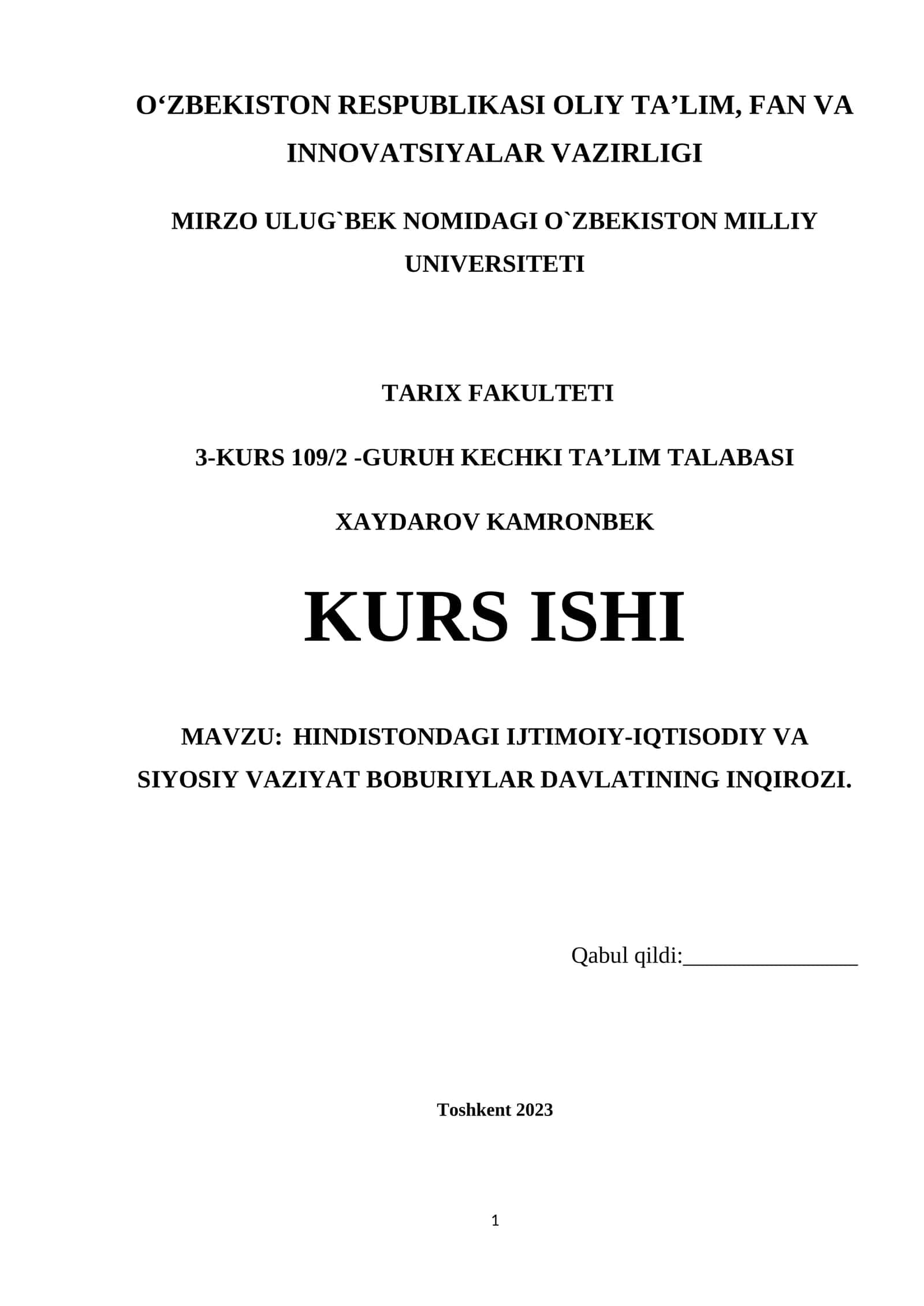 HINDISTONDAGI IJTIMOIY-IQTISODIY VA SIYOSIY VAZIYAT BOBURIYLAR DAVLATINING INQIROZI 1