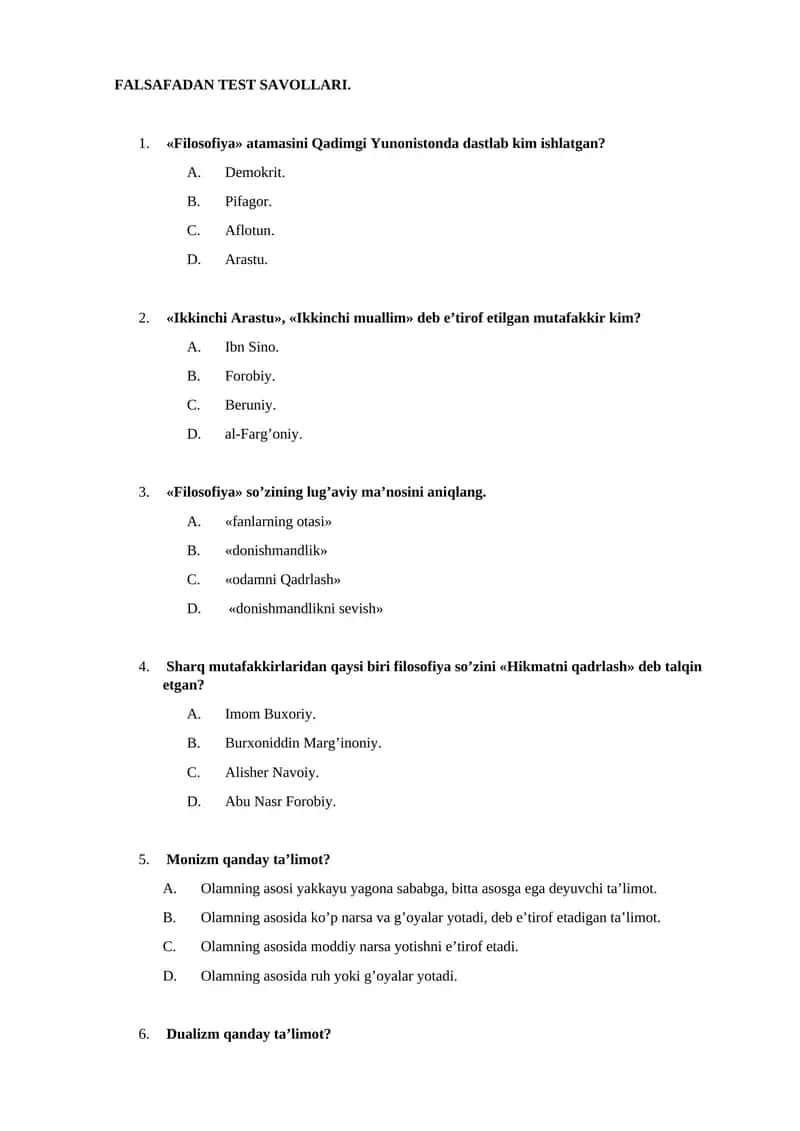 FALSAFADAN TEST SAVOLLARI 1