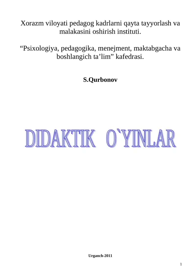 Metodik qo’llanma matematika darslarida didaktik o’yinlardan o’ziga xos tarzda tashkil etish 1