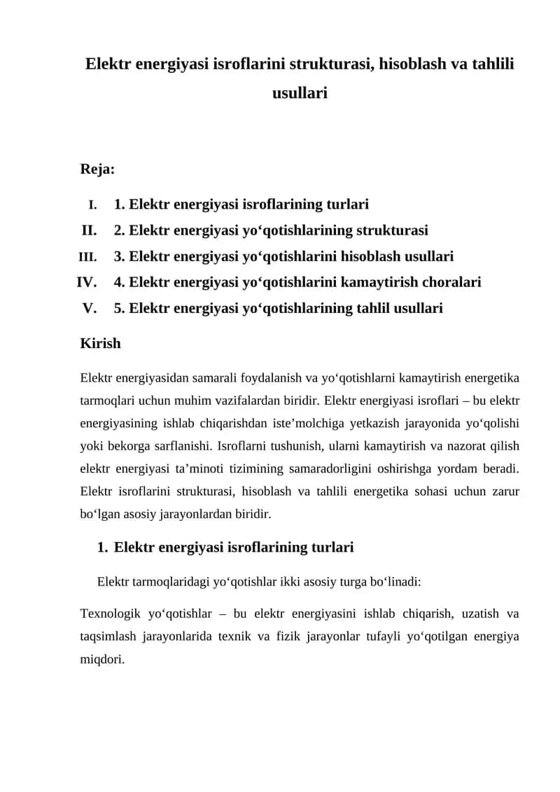 Elektr energiyasi isroflarini strukturasi, hisoblash va tahlili usullari 1