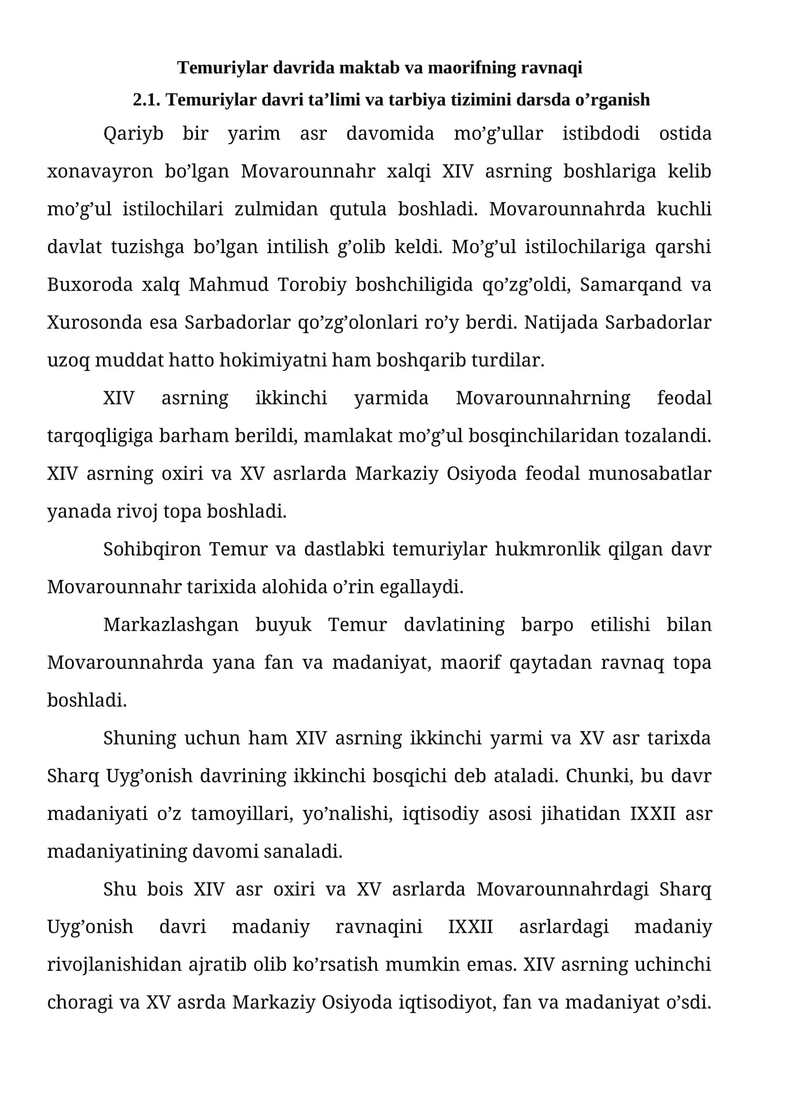 Temuriylar davrida maktab va maorifning ravnaqi 1