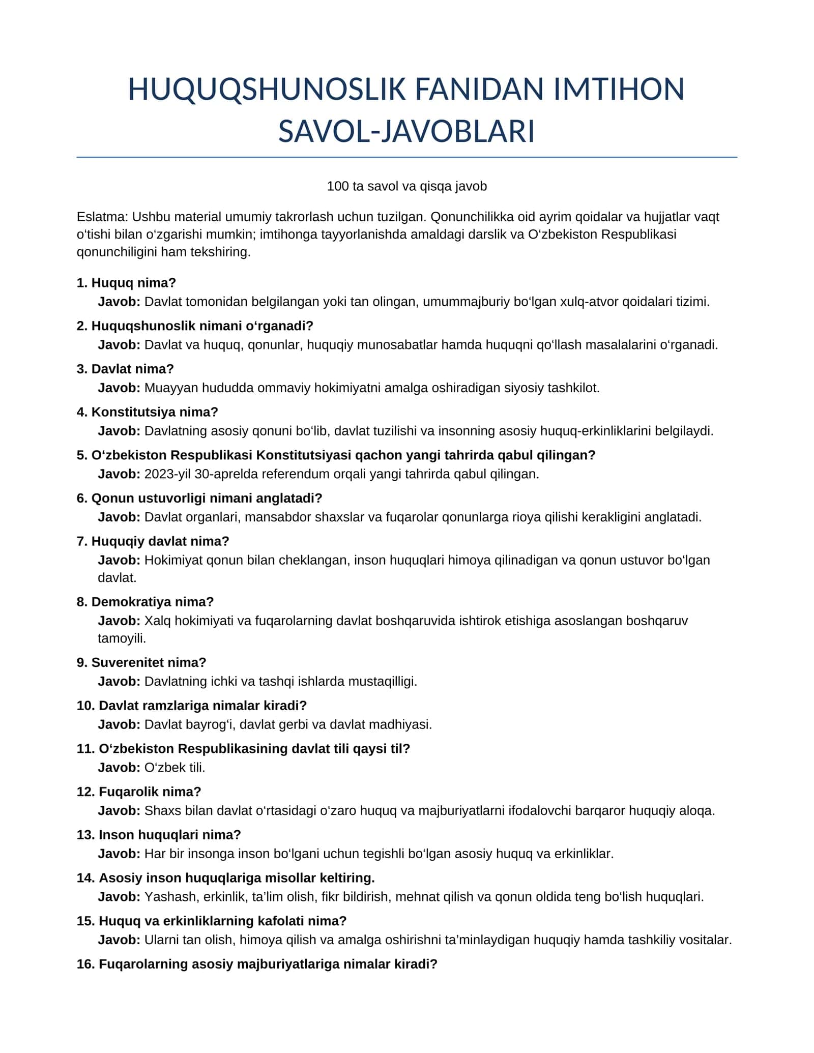 Huquqshunoslik fanidan 100 ta imtihon savol-javobi | Word 1