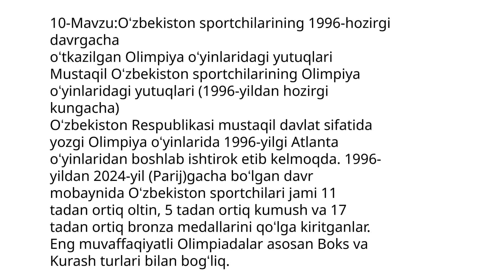 Olimpiya Oʻyinlaridagi yutuqlar 1