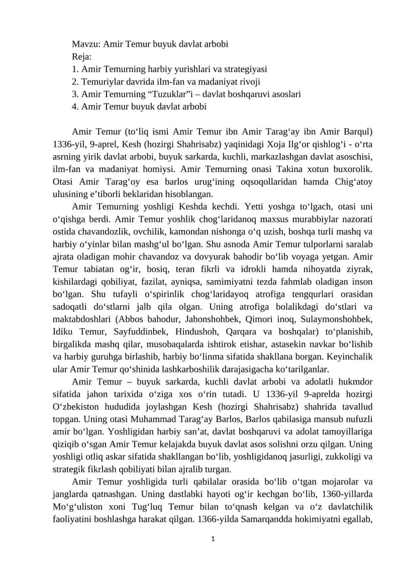 Amir Temur buyuk davlat arbobi Referat 1